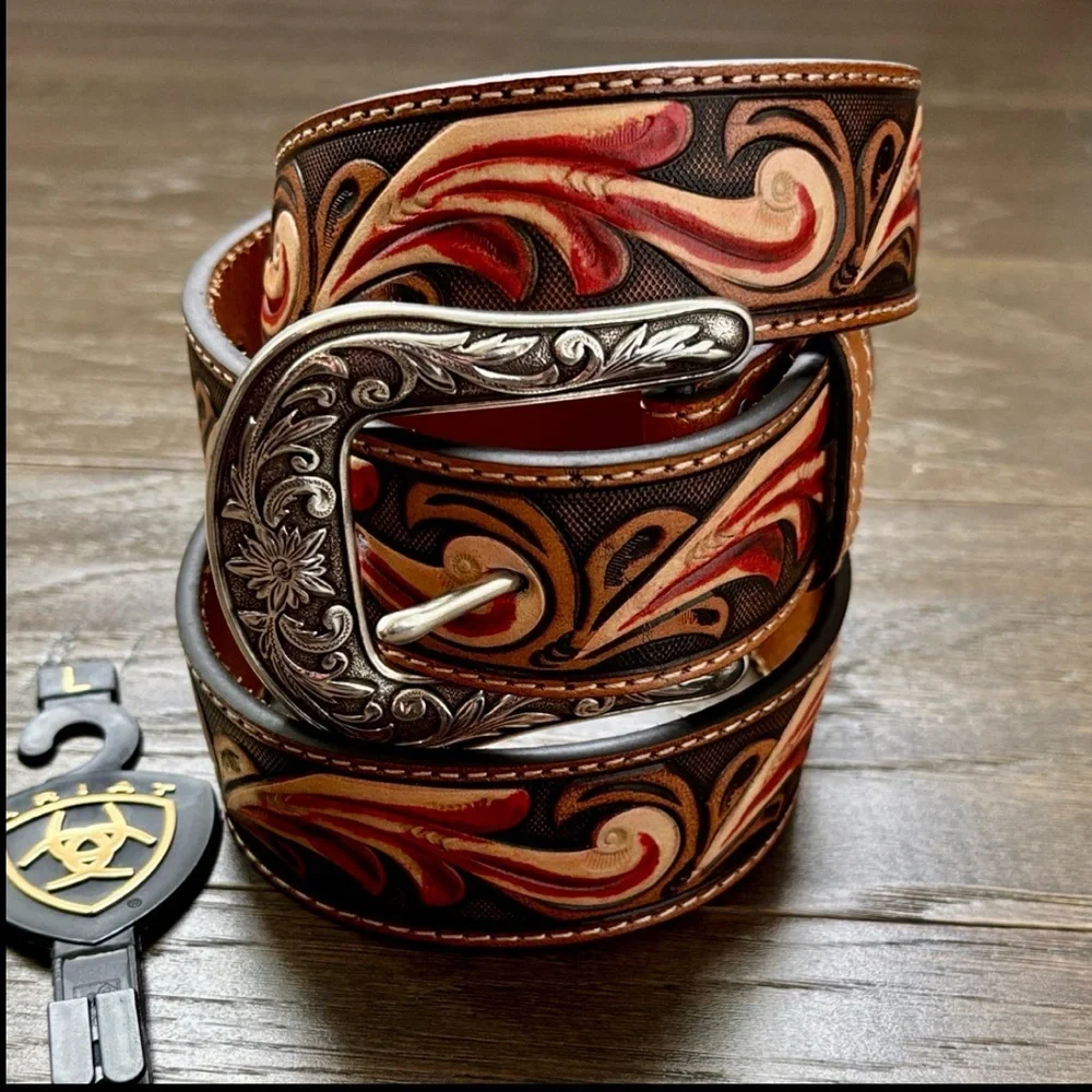Ariat Genuine Leather floral embossed w/red accent,silvertone floral buckle